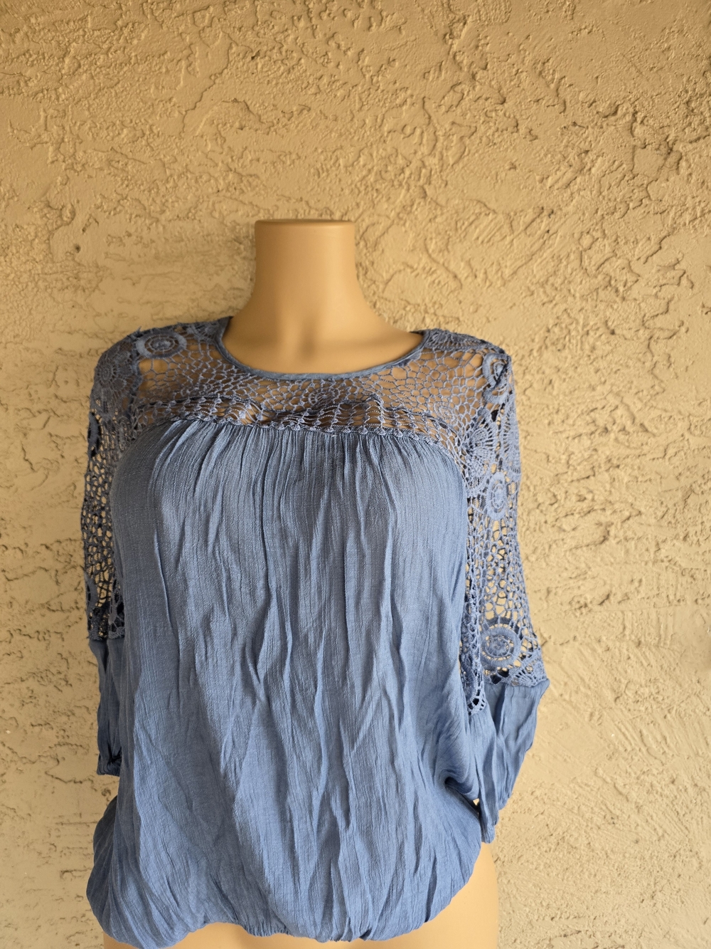 Indigo Rose Crochet Yoke Women's Blouse in Dusty Blue